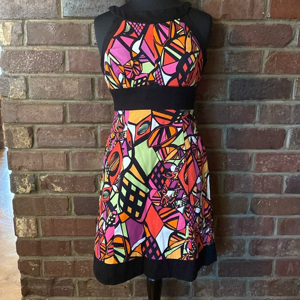 Sangria black multicolored geometric textured high neck sleeveless mini dress